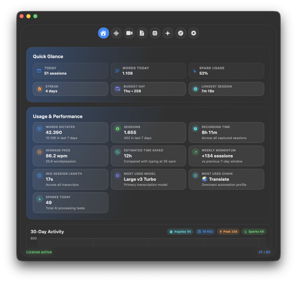 Voiscribd Dark theme — deep navy interface with glowing accents